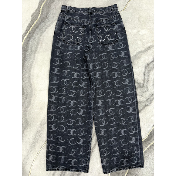 Chanel 23B Runway Black Denim White CC Printed Logo Baggy Oversized Jeans 36 - Picture 9 of 11